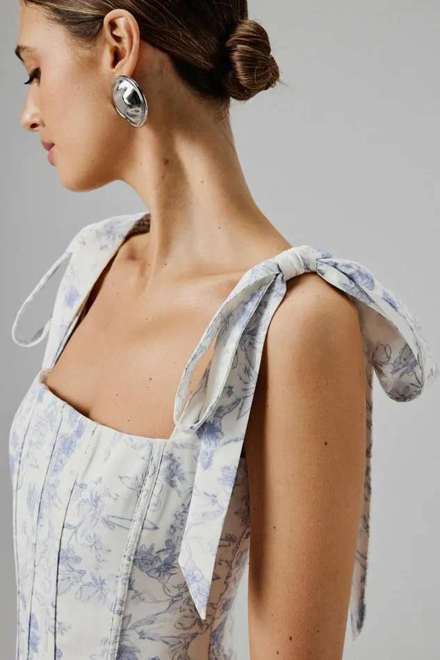 Women Corset Dresses Lavish Alice JULIETTE Tie Shoulder Bubble Hem Mini Dress In Blue Porcelain Blue Porcelain