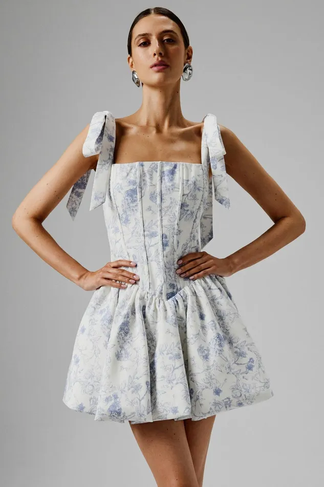 Women Corset Dresses Lavish Alice JULIETTE Tie Shoulder Bubble Hem Mini Dress In Blue Porcelain Blue Porcelain