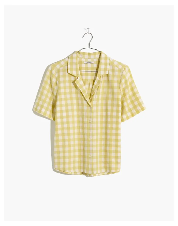 Women Cotton Linen Boxy Camp Shirt In Gingham Check June Gingham Crisp Pear Madewell Tops and Shirts