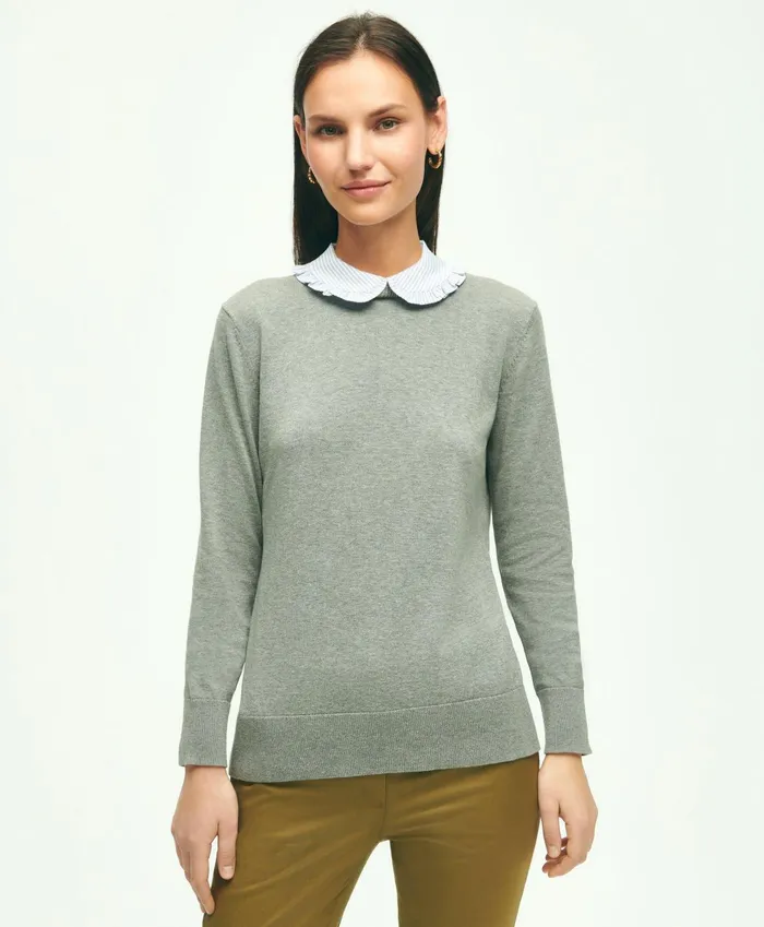Women Cotton Removable Collar Sweater Grey Heather Brooks Brothers Sweaters