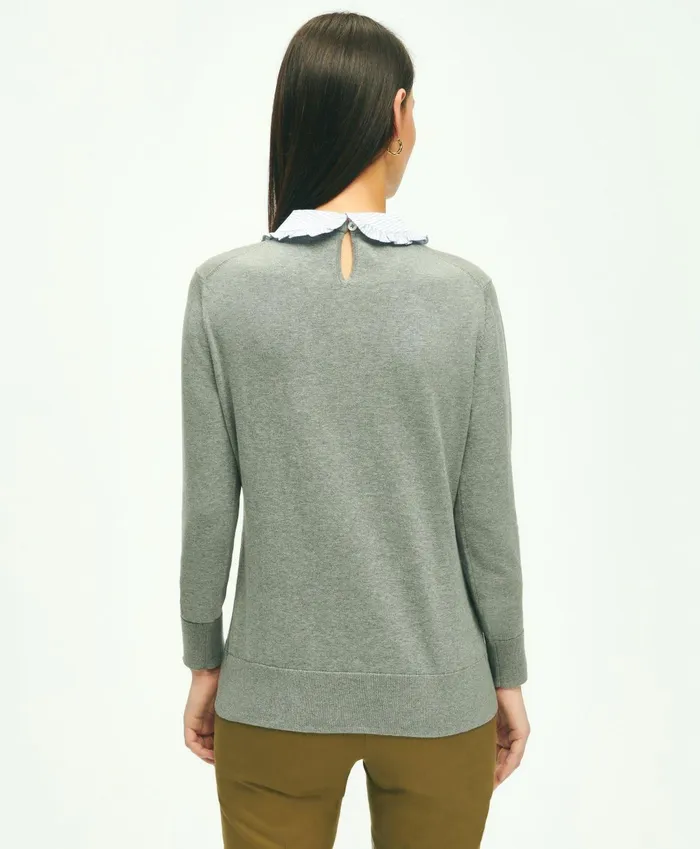 Women Cotton Removable Collar Sweater Grey Heather Brooks Brothers Sweaters