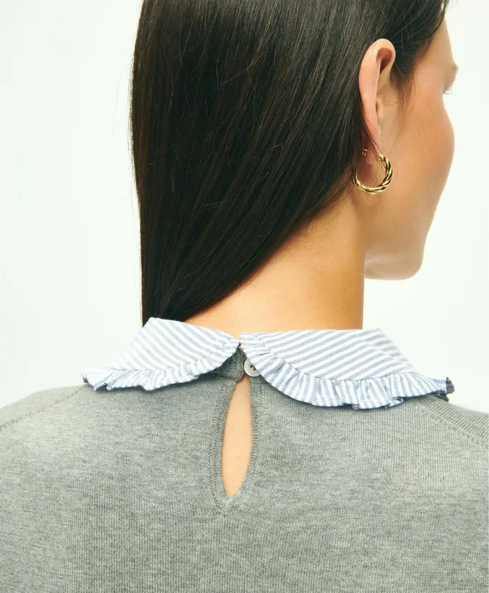 Women Cotton Removable Collar Sweater Grey Heather Brooks Brothers Sweaters