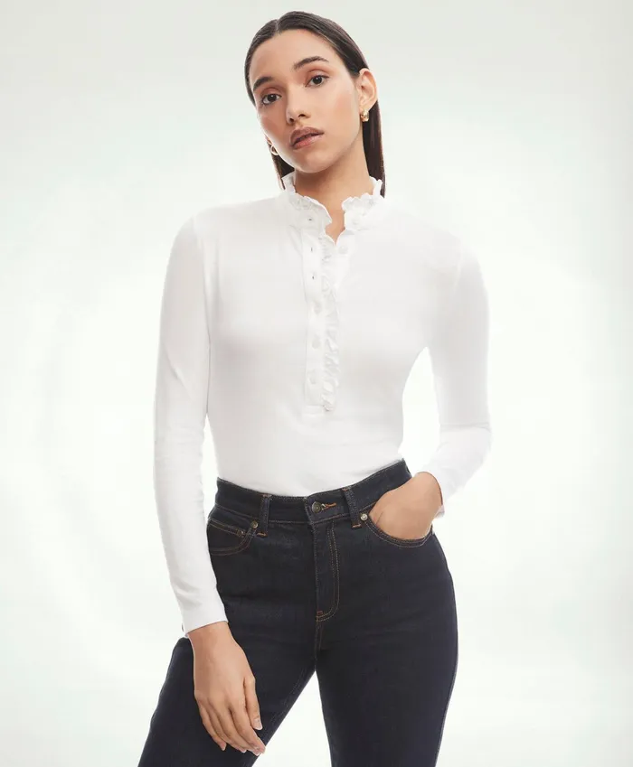 Women Cotton Ruffled Henley White Brooks Brothers Blouses and Shirts
