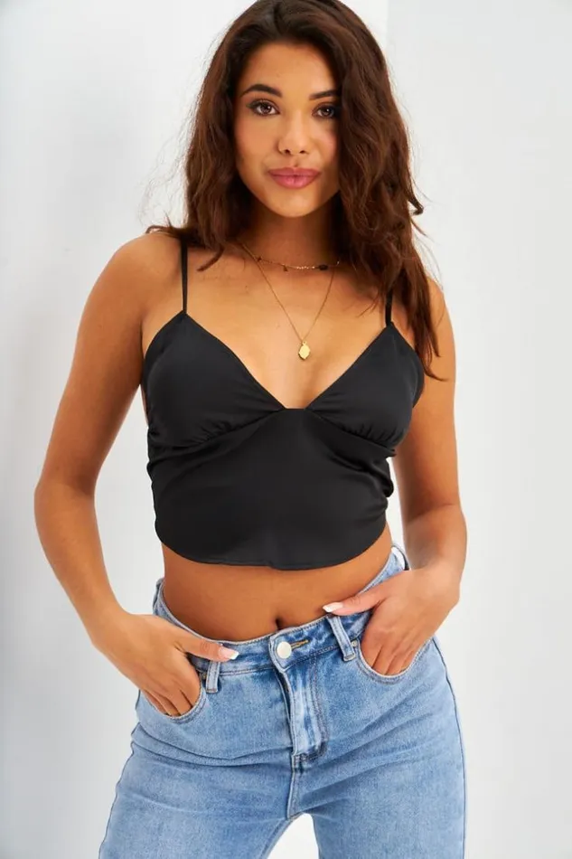 Women Crop Top Noir Satin Forme Triangle Brentiny Paris Satin Tops