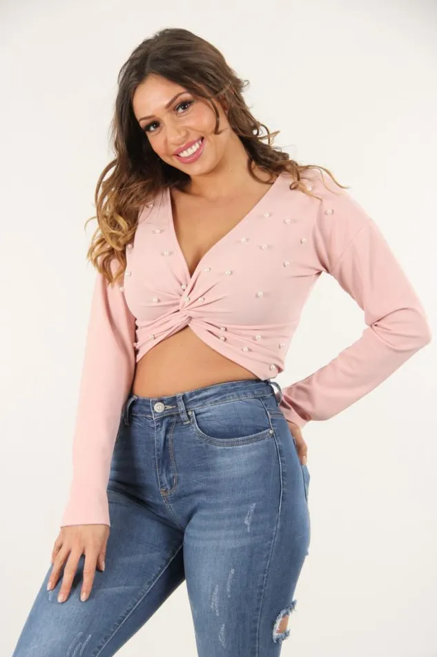 Women Cropped Top With Center Knot Pink Brentiny Paris Top And Tank Tops