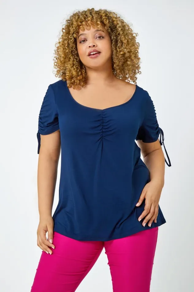 Women Curve Plain Ruched Tie Top Roman Tops