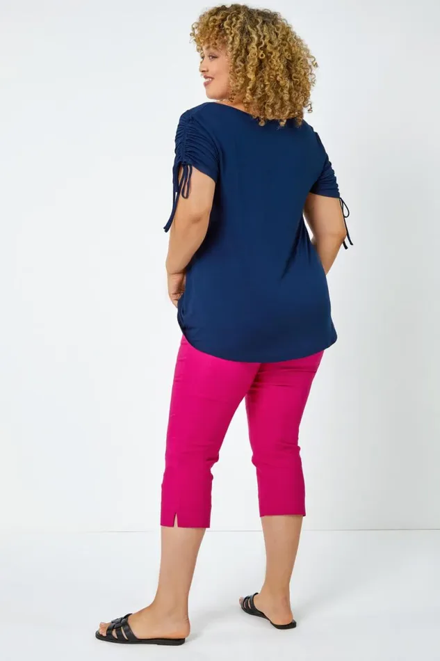 Women Curve Plain Ruched Tie Top Roman Tops