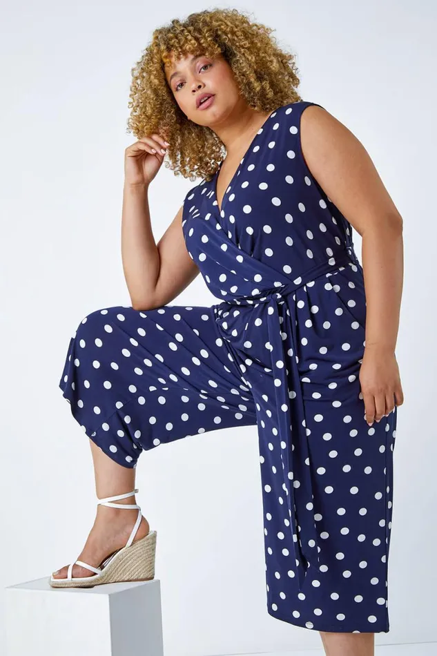 Women Curve Spot Print Wrap Jumpsuit Roman Dresses