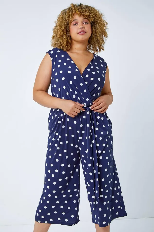 Women Curve Spot Print Wrap Jumpsuit Roman Dresses