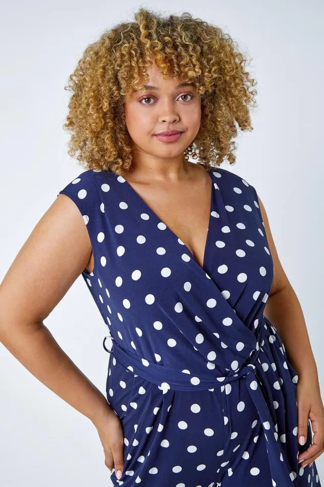 Women Curve Spot Print Wrap Jumpsuit Roman Dresses