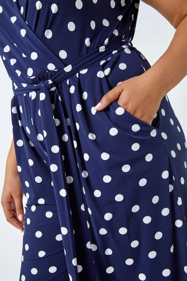 Women Curve Spot Print Wrap Jumpsuit Roman Dresses