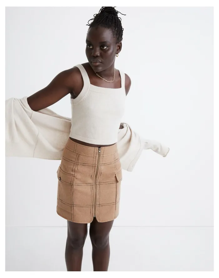 Women Curvy Resourced Zip Front Mini Skirt In Windowpane Camel Madewell Skirts