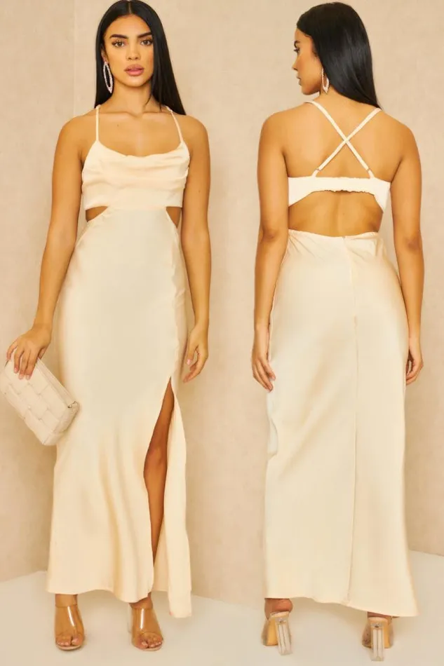Women Cut Out Satin Cami Midi Dress In Beige Beige Brentiny Paris Ceremonial Outfits