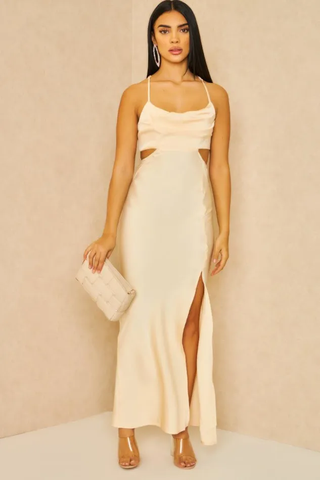 Women Cut Out Satin Cami Midi Dress In Beige Beige Brentiny Paris Ceremonial Outfits