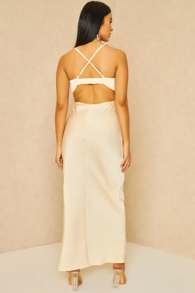 Women Cut Out Satin Cami Midi Dress In Beige Beige Brentiny Paris Ceremonial Outfits