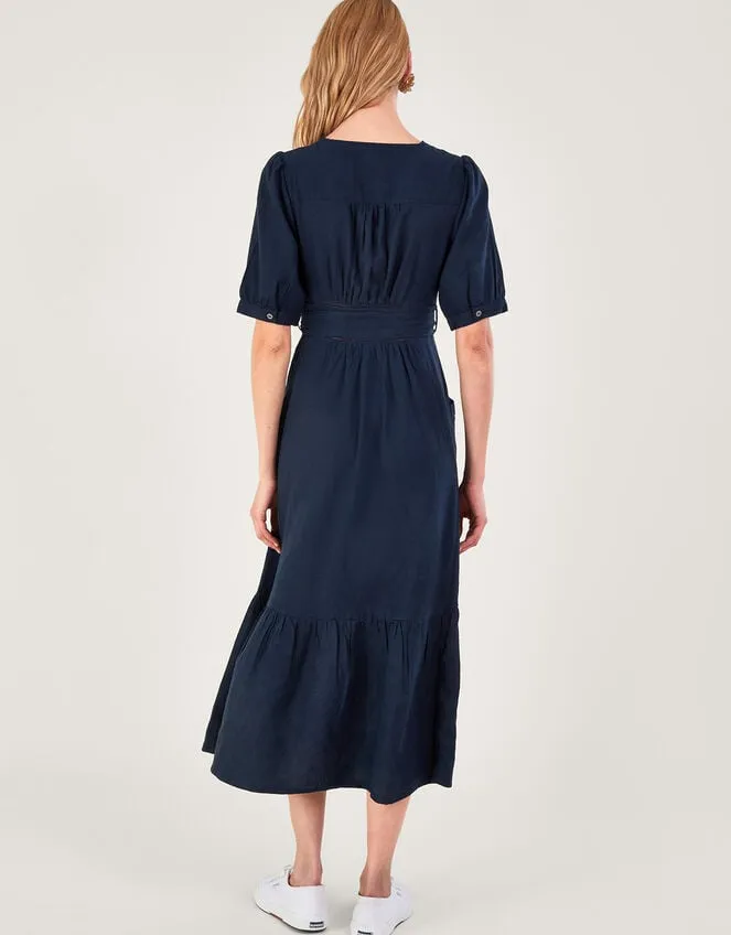 Women Cutwork Detail Tiered Dress In Linen Blend Blue Monsoon Dresses