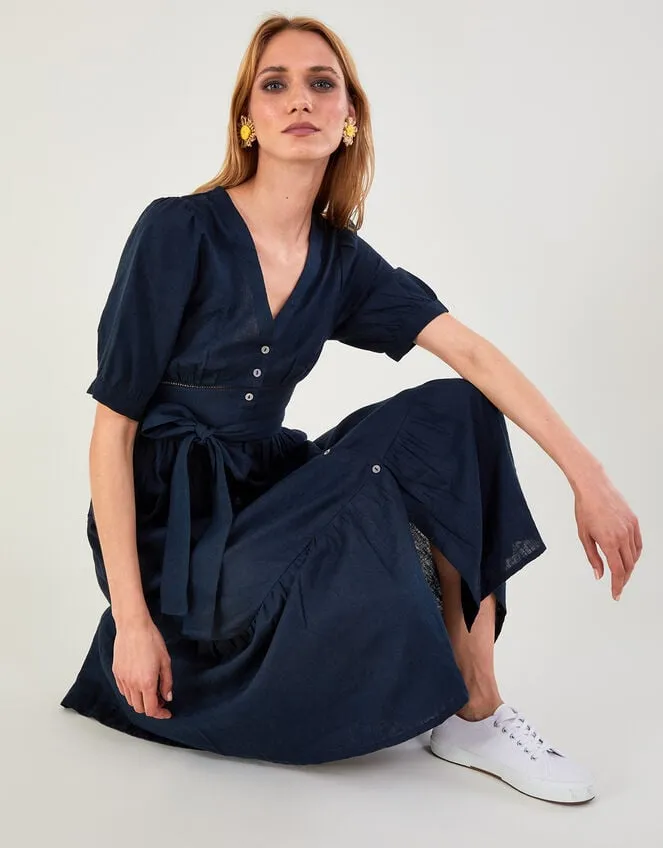 Women Cutwork Detail Tiered Dress In Linen Blend Blue Monsoon Dresses