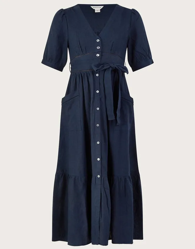 Women Cutwork Detail Tiered Dress In Linen Blend Blue Monsoon Dresses