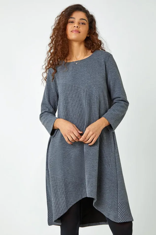 Women Dark Grey Ribbed Asymmetric Stretch Jersey Dress Roman Dresses