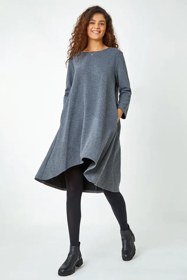 Women Dark Grey Ribbed Asymmetric Stretch Jersey Dress Roman Dresses
