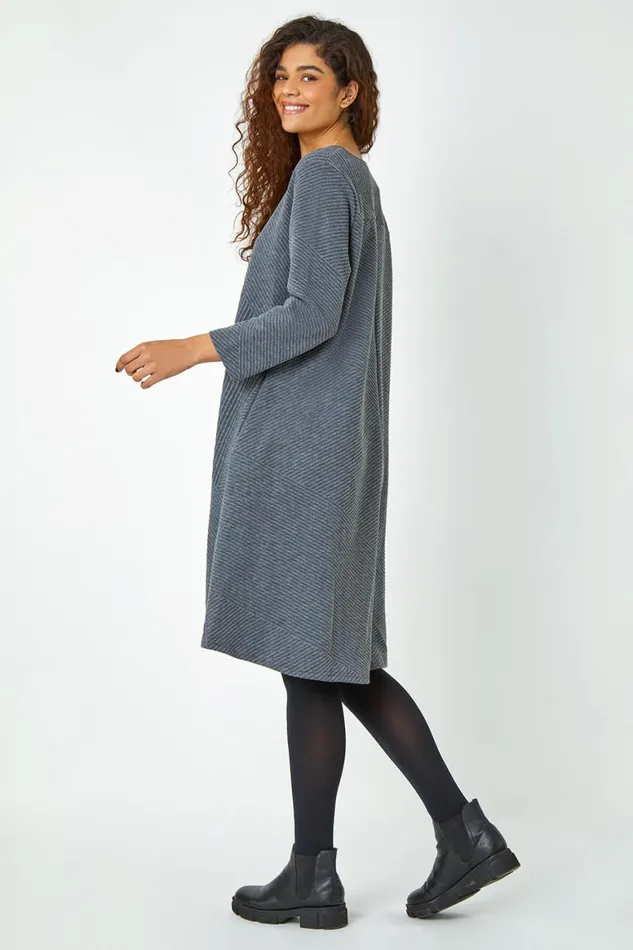Women Dark Grey Ribbed Asymmetric Stretch Jersey Dress Roman Dresses