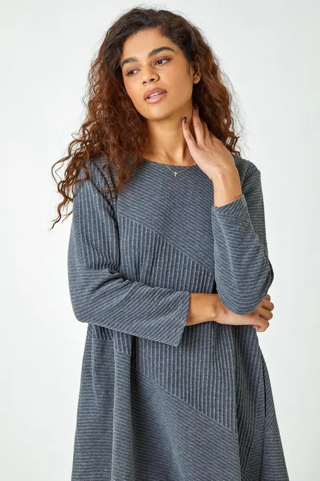 Women Dark Grey Ribbed Asymmetric Stretch Jersey Dress Roman Dresses