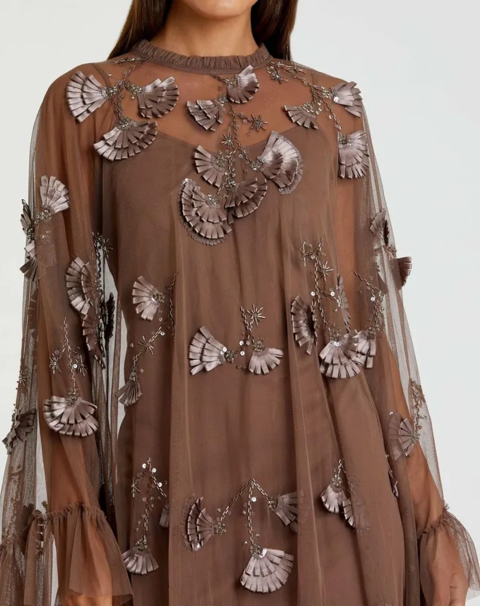 Women Daytime Dresses Mac Duggal Chocolate Embellished Long Flare Sleeve Mesh ALine Dress Chocolate