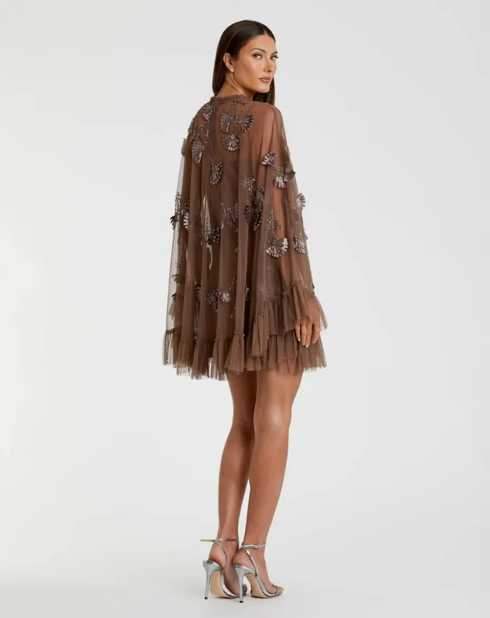 Women Daytime Dresses Mac Duggal Chocolate Embellished Long Flare Sleeve Mesh ALine Dress Chocolate