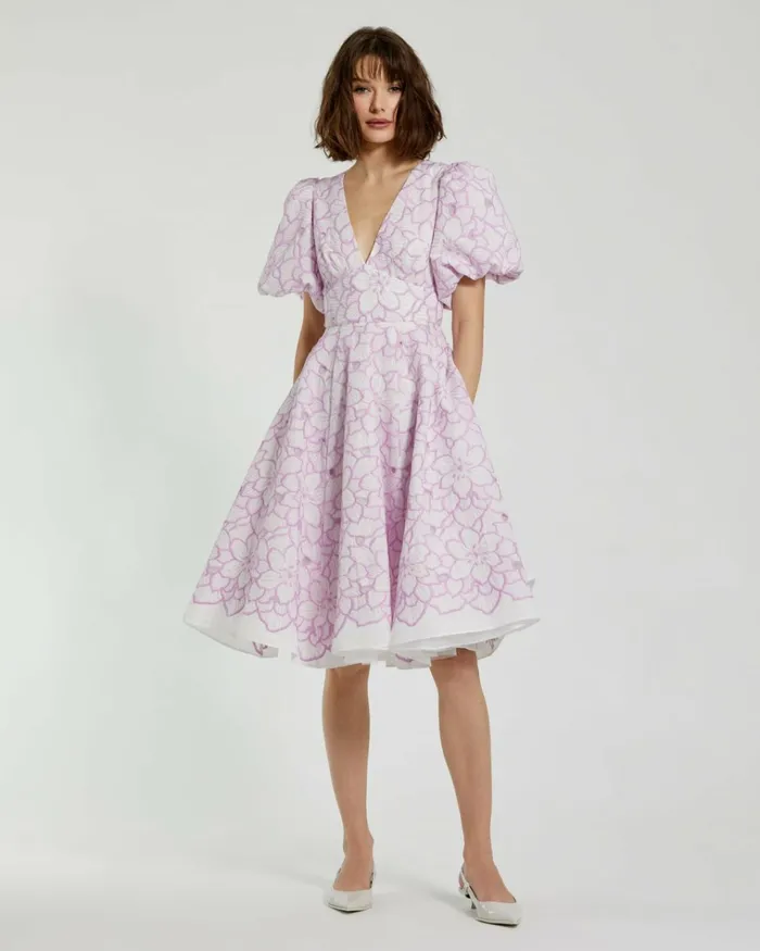 Women Daytime Dresses Mac Duggal Embroidered Floral Puff Sleeve Dress Orchid White