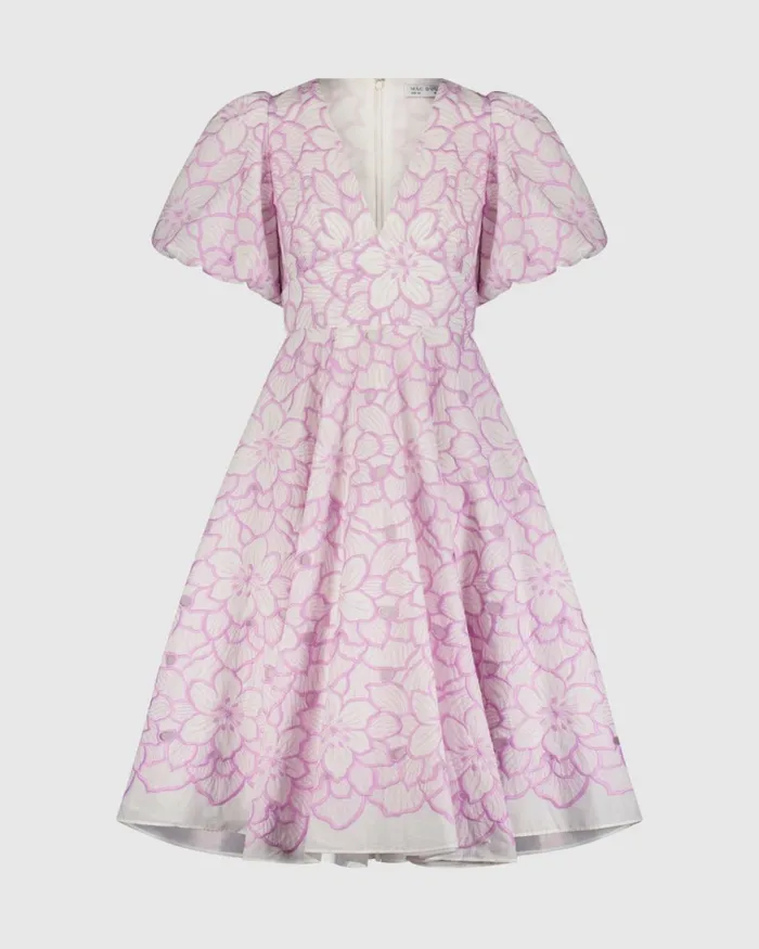 Women Daytime Dresses Mac Duggal Embroidered Floral Puff Sleeve Dress Orchid White