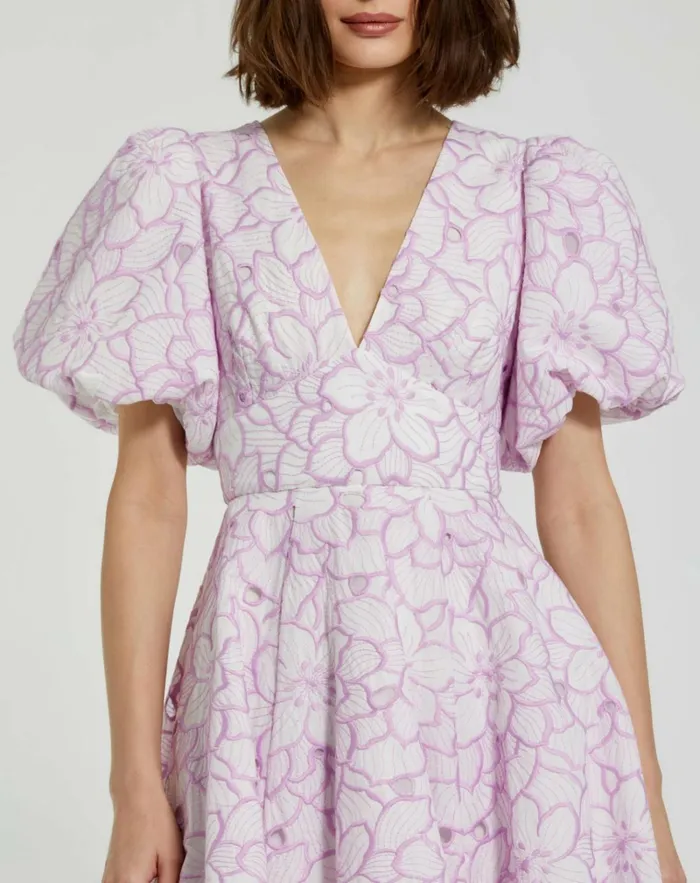 Women Daytime Dresses Mac Duggal Embroidered Floral Puff Sleeve Dress Orchid White