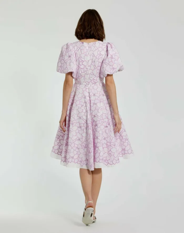 Women Daytime Dresses Mac Duggal Embroidered Floral Puff Sleeve Dress Orchid White