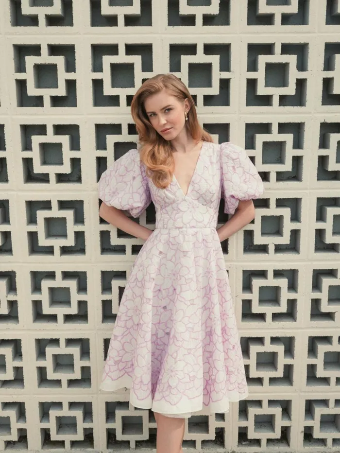 Women Daytime Dresses Mac Duggal Embroidered Floral Puff Sleeve Dress Orchid White