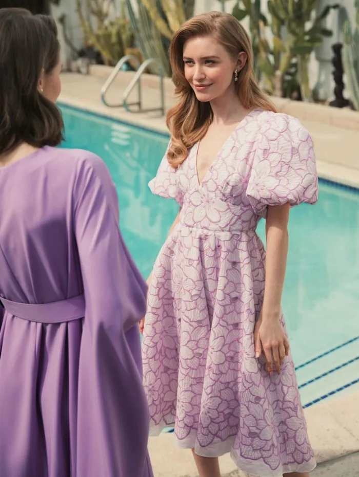 Women Daytime Dresses Mac Duggal Embroidered Floral Puff Sleeve Dress Orchid White