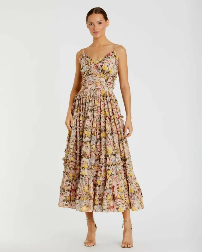 Women Daytime Dresses Mac Duggal Floral Print Ruffle Tiered Midi Dress Ivory Multi
