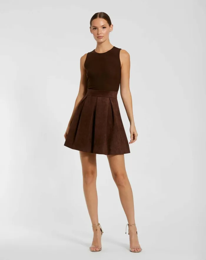 Women Daytime Dresses Mac Duggal Sleeveless Mesh And Suede A Line Mini Dress Chocolate
