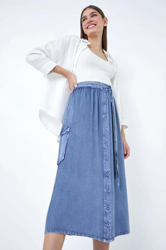 Women Denim Elastic Waist Button Front Pocket A Line Skirt Roman Skirts