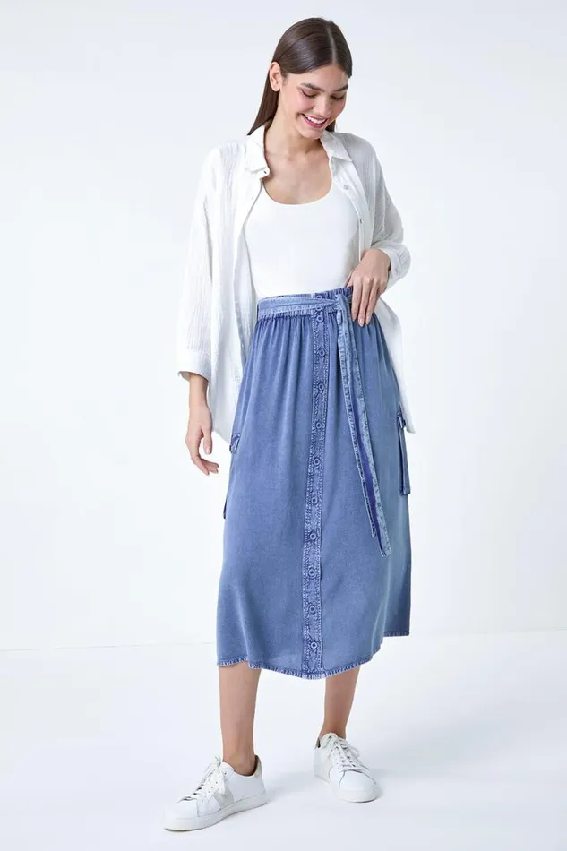 Women Denim Elastic Waist Button Front Pocket A Line Skirt Roman Skirts