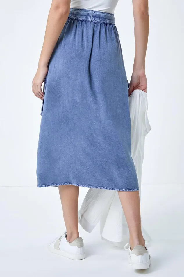 Women Denim Elastic Waist Button Front Pocket A Line Skirt Roman Skirts