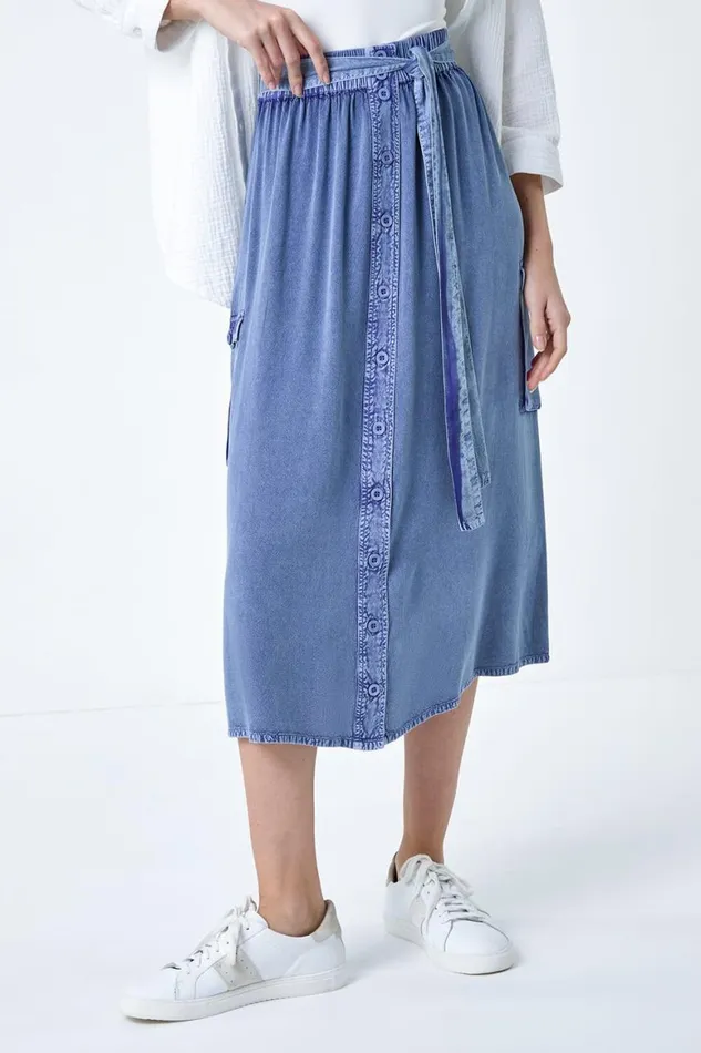 Women Denim Elastic Waist Button Front Pocket A Line Skirt Roman Skirts
