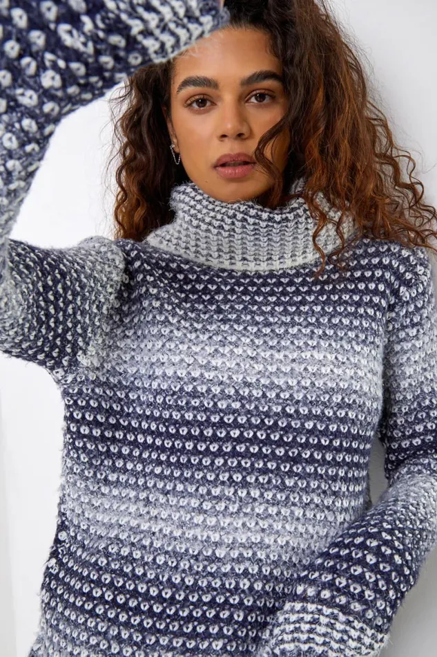 Women Denim Ombre High Neck Jumper Roman Knitwear