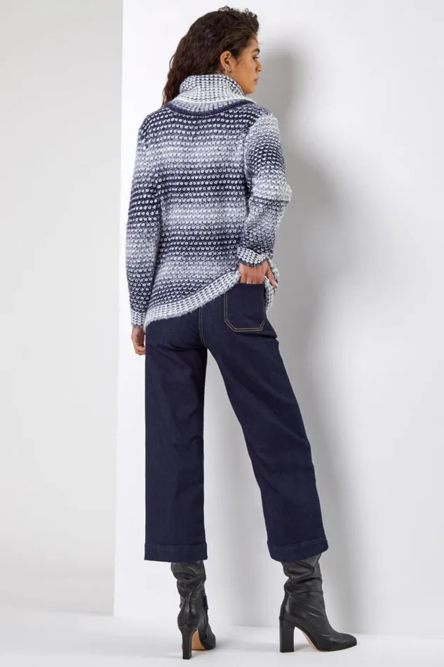 Women Denim Ombre High Neck Jumper Roman Knitwear