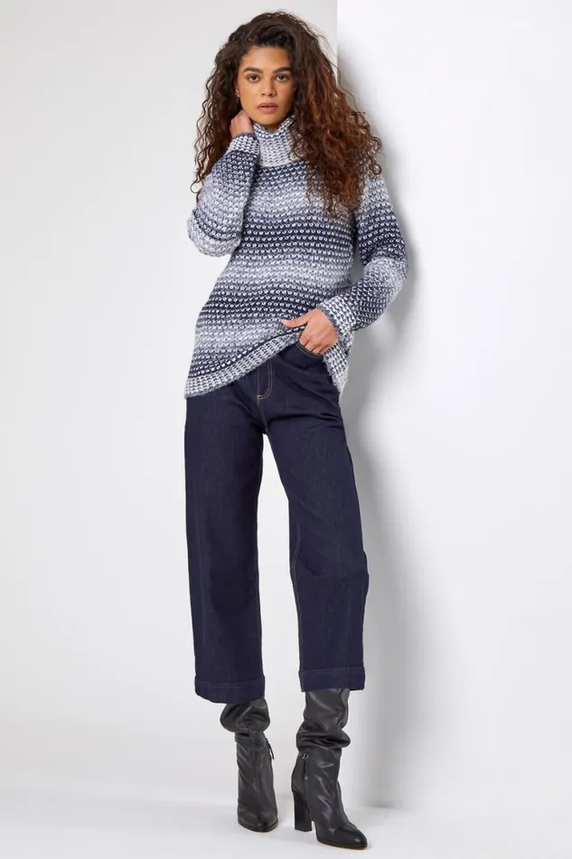 Women Denim Ombre High Neck Jumper Roman Knitwear