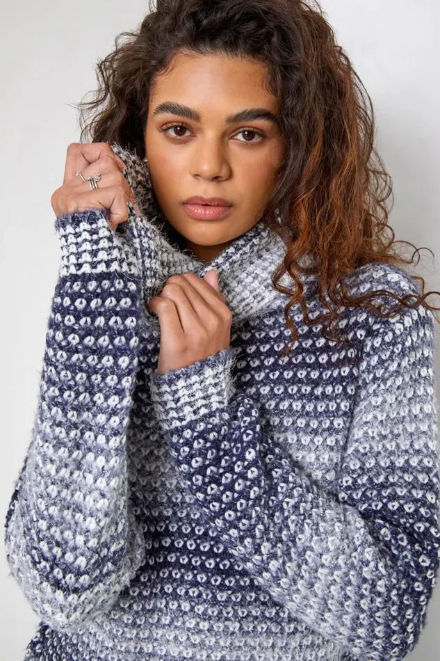 Women Denim Ombre High Neck Jumper Roman Knitwear