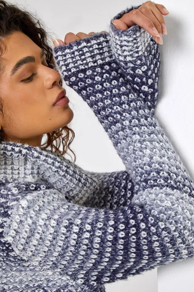 Women Denim Ombre High Neck Jumper Roman Knitwear