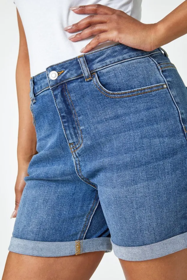 Women Denim Petite Cotton Blend Stretch Shorts Roman Trousers