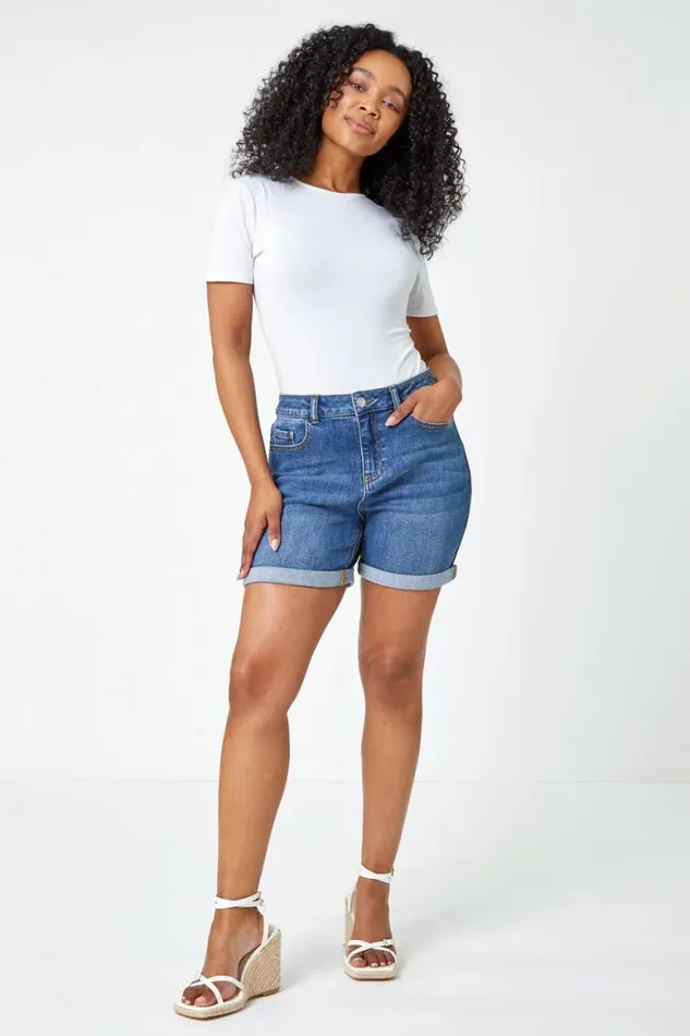 Women Denim Petite Cotton Blend Stretch Shorts Roman Trousers