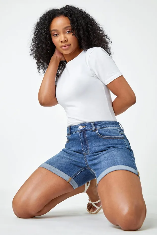 Women Denim Petite Cotton Blend Stretch Shorts Roman Trousers