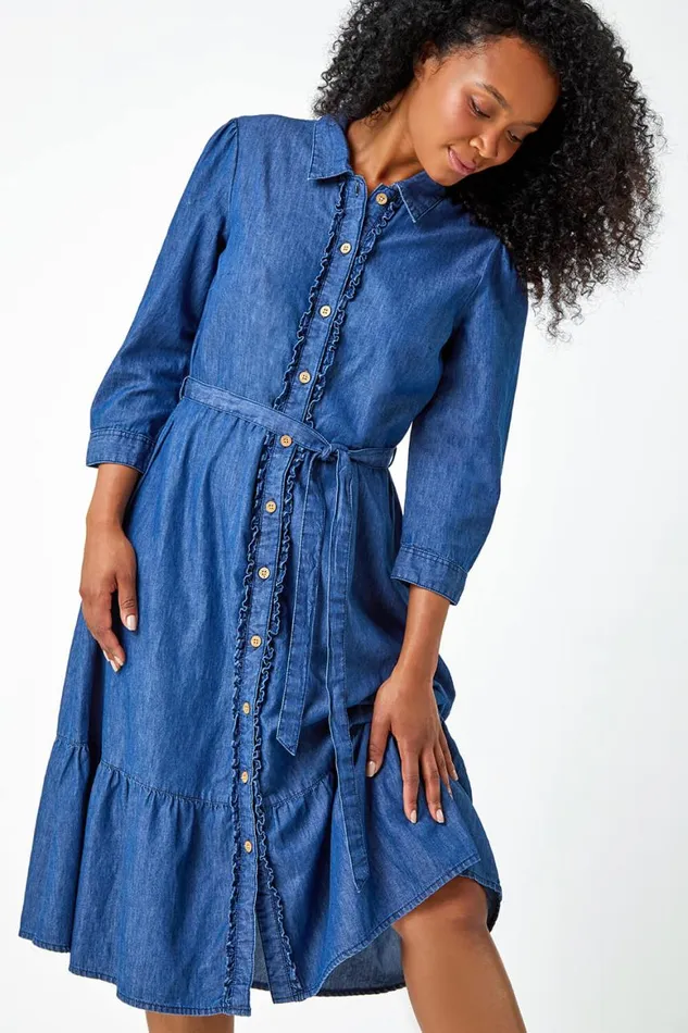 Women Denim Petite Cotton Frill Detail Denim Dress Roman Dresses