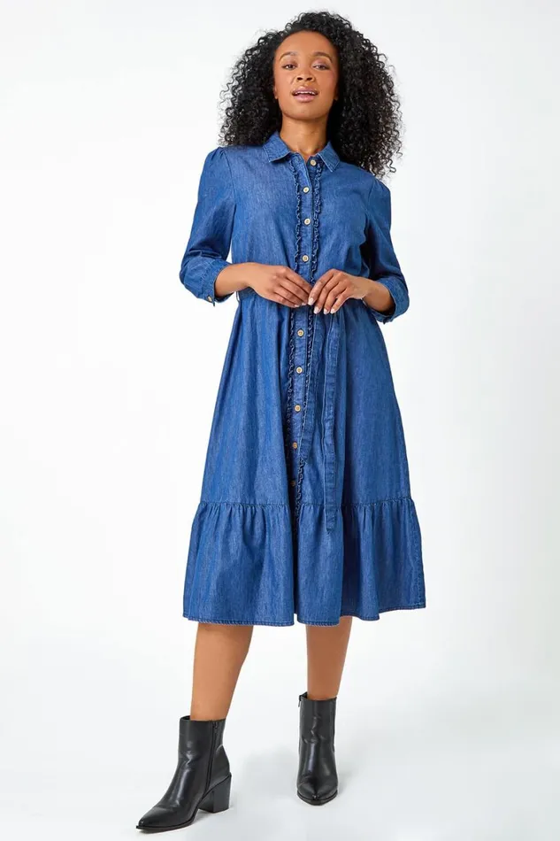 Women Denim Petite Cotton Frill Detail Denim Dress Roman Dresses